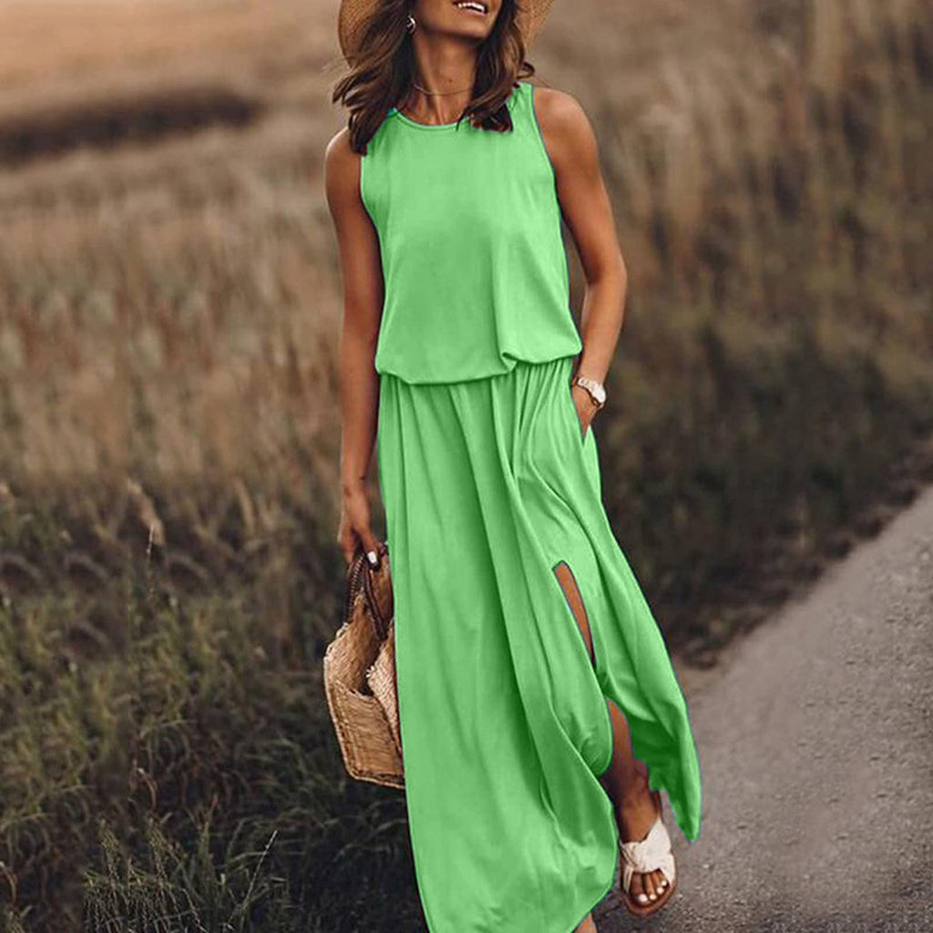 Spring Summer Women Clothing round Neck Sleeveless Dress Split Solid Color Casual Office Dress