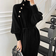 Load image into Gallery viewer, Japanese Korean Lace up Waist Trimming Knitted Dress Autumn Winter Loose Slimming All Matching Turtleneck Long Sweater for Women