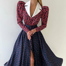 Load image into Gallery viewer, Contrast Color Design Collared Long Sleeve A line Women Waist Controlled Printed Large Swing Dress