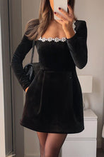 Load image into Gallery viewer, Women Spring Clothing Elegant Square Collar Diamond Inlaid Short Velvet Dress