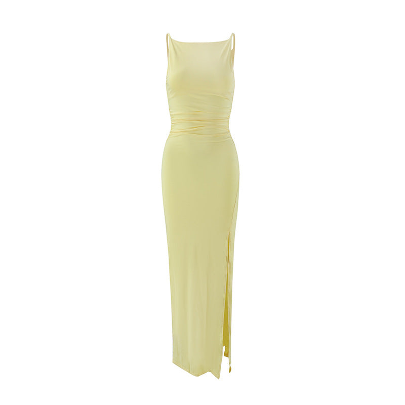 Women Clothing Summer Suspender off Neck Pleated Side Slit Elegant Dress