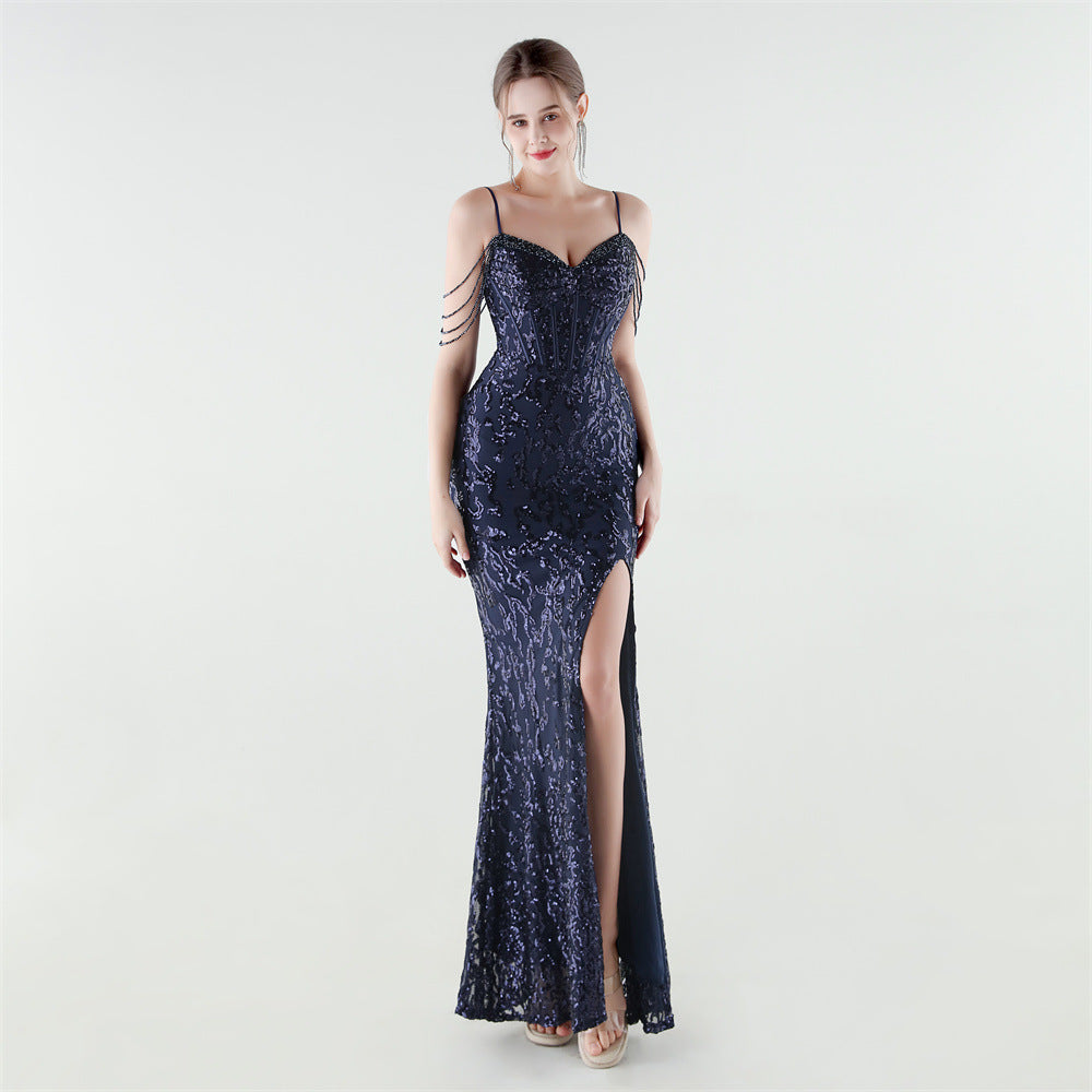 Heavy Industry Sequin Beaded Boning Corset Waist Tight Evening Dress