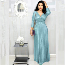 Load image into Gallery viewer, Winter African Women Wear Long Sleeve Bronzing Pleated Swing Dress with Belt Glittering Powder Fabric