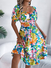 Load image into Gallery viewer, Spring Summer Casual Floral Square Collar Short Sleeve Waist Trimming Ruffles A line Dress Women Clothing