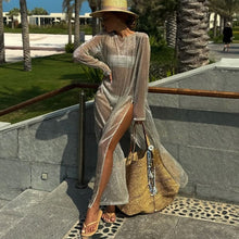 Load image into Gallery viewer, Women Clothing See through round Neck Long Sleeve Split Sun Protection Sexy Dress