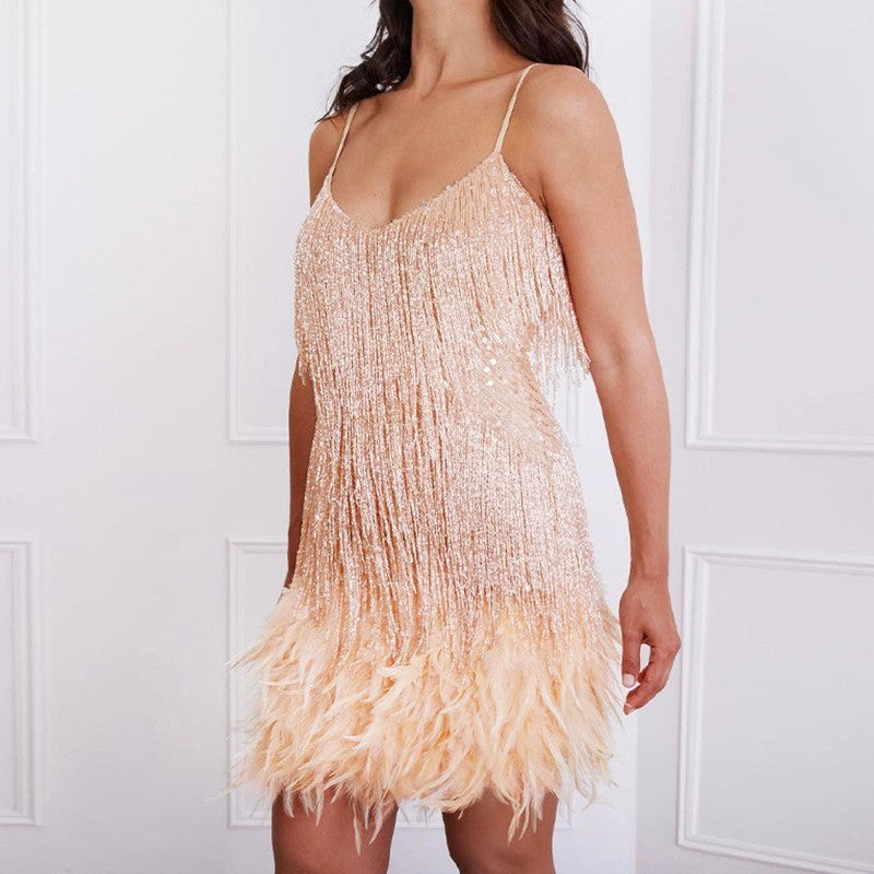 Tassel Sequ Multi Color Birthday Party Sexy V neck Strap Feather Stitching Gown Dress