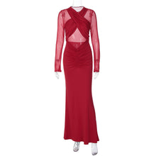 Load image into Gallery viewer, Women Clothing Winter Long Sleeve Solid Color Sexy Mesh Hollow Out Cutout Pleated Slim Dress