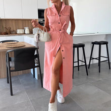 Load image into Gallery viewer, Women Sleeveless Long Tie Waist Single Breasted Denim Dress