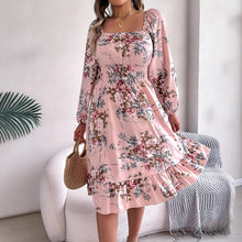 Load image into Gallery viewer, Spring Summer Elegant Floral Square Collar Long Sleeve Waist Trimming Ruffles A line Women Clothing