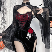 Load image into Gallery viewer, Women Clothing Autumn Halloween Dark Slightly Transparent Spider Web Smock Top Gothic Two Piece Dress Set