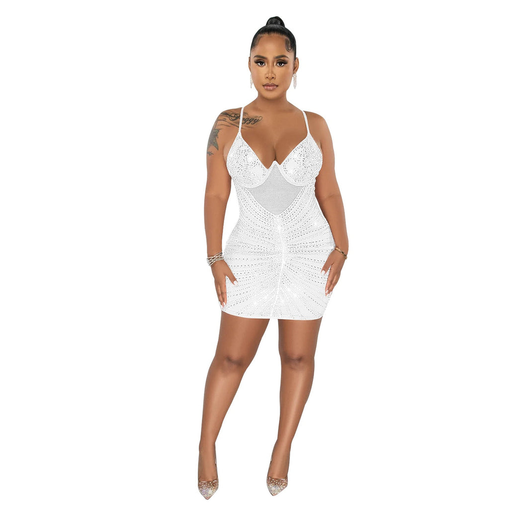 Women Wear Rhinestone Mesh Camisole Sleeveless Dress