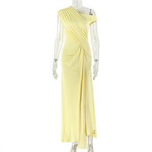 Load image into Gallery viewer, Women Clothing Solid Color Design Fitted Waist Pleated A line Dress Diagonal Collar Sleeveless Open Shoulder Maxi Dress
