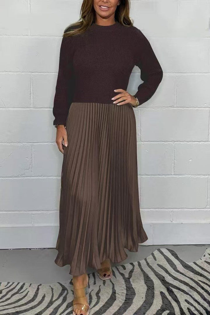 New Autumn Winter Women round Neck Top Sunken Stripe Pleated Dress