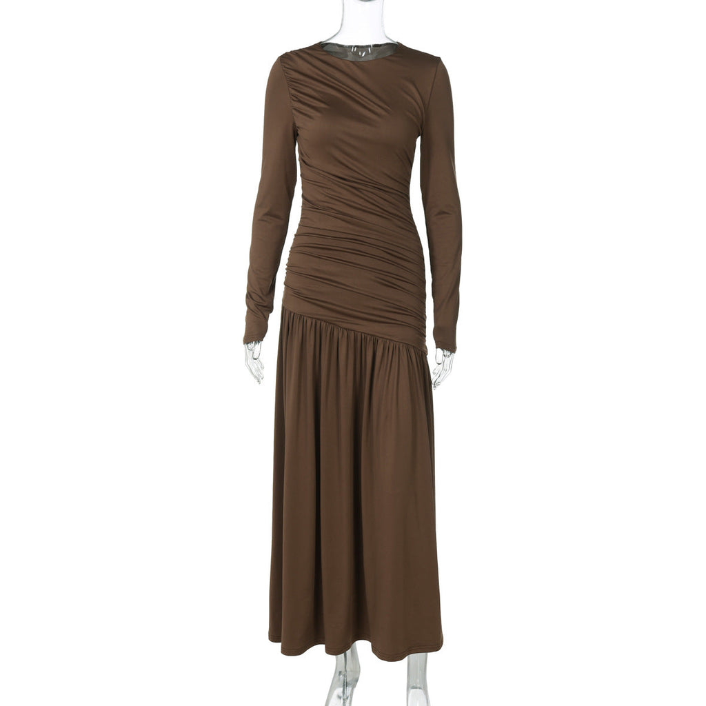 Best Seller in Women Clothing Summer Slim Fit Pleated round Neck Long Sleeved Dress Women