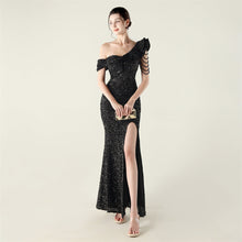 Load image into Gallery viewer, One Shoulder Pleated Ruffled Embellished Beaded Chain Sequined Evening Dress Cocktail Wedding Red Carpet