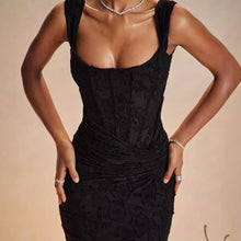 Load image into Gallery viewer, Autumn Square Collar Elastic Net Jacquard Pleated Sleeveless Fishtail Cami Dress