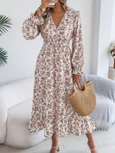 Load image into Gallery viewer, Autumn Winter Elegant Floral Cross V neck Waist Trimming Ruffles Maxi Dress Women Clothing