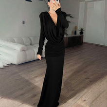 Load image into Gallery viewer, Fall Women Clothing Sexy Backless Swing Collar Slim Pleated Solid Color Long Sleeve Dress
