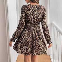 Load image into Gallery viewer, French Lady Vintage V neck Leopard Print Long Sleeve Lace Patchwork Long Sleeve Dress