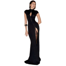 Load image into Gallery viewer, Autumn Winter Women Clothing Solid Color Stand Collar Sexy Cutout Slit Slim Fitting Short Sleeve Elegant Dress
