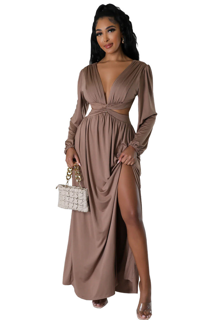 Deep V Plunge Neck Solid Color Long Sleeve Sexy Waist Hollow Out Cutout out Lace up Split Dress Comfortable Skin Friendly Daily Party Women Dress