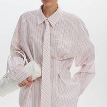 Load image into Gallery viewer, Office Printed Striped Shirt Women Polo Collar Long Sleeve Tie Cinched Blouse