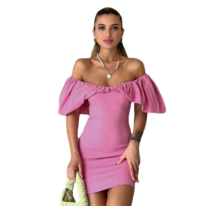 Spring Casual Vacation Tight Waist Slimming Sense Design Pleated Off Shoulder Hip Bag Dress