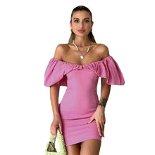 Load image into Gallery viewer, Spring Casual Vacation Tight Waist Slimming Sense Design Pleated Off Shoulder Hip Bag Dress