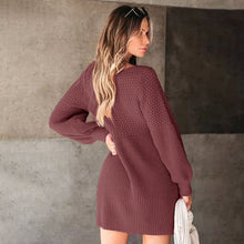 Load image into Gallery viewer, Autumn Winter Women V neck Lantern Sleeve Solid Color Woolen Dress