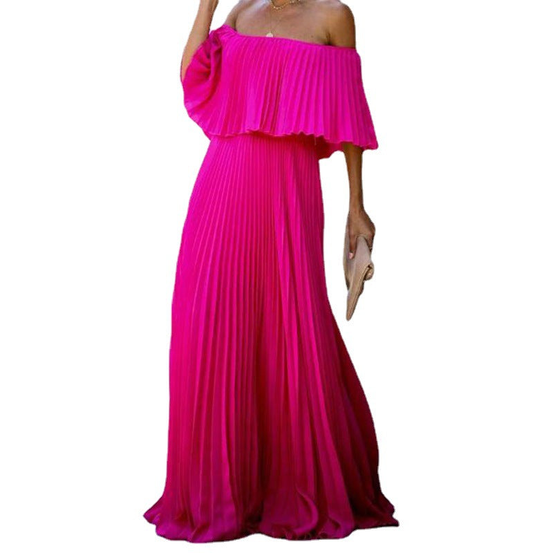 Spring Summer Women Clothing Sexy off-Shoulder Tube Top Folding Chiffon Party Formal Dress