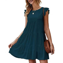 Load image into Gallery viewer, Summer Solid Color round Neck Short Sleeves Dress Casual Tiered Dress Pleated Large Swing Dress