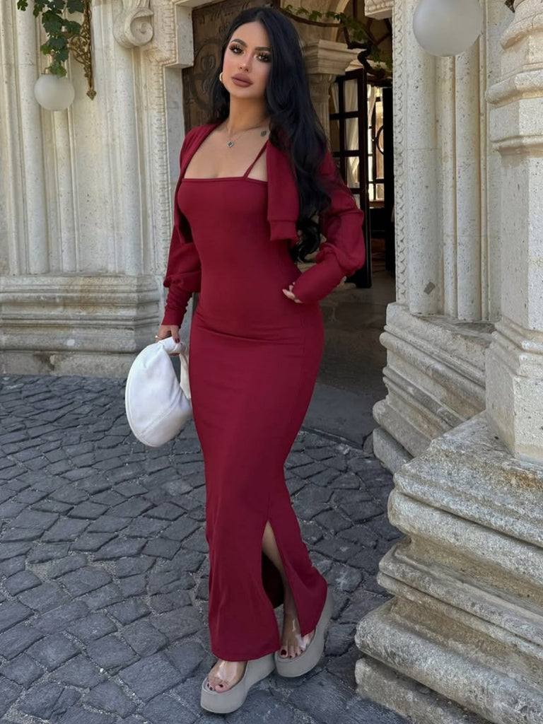 Women Autumn Long Sleeve Top Sexy Pure Want Sheath Dress Two Piece Sets