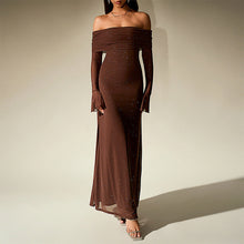 Load image into Gallery viewer, Mesh Silver Square Dress Sexy off Shoulder Flared Long Sleeve Dress Maxi Dress