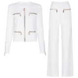 Spring Autumn Rhinestone Knitted Net Red Casual Jacket Pants Two Piece Sets