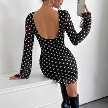 Load image into Gallery viewer, Elegant Mesh Polka Dot Printed round Neck Backless Long Sleeves Dress