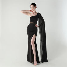 Load image into Gallery viewer, Single Shoulder Crossbody Stitching Mesh Design Satin Slim Cocktail Dress Evening Dress