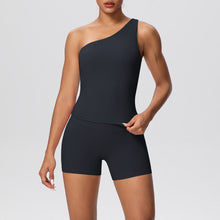 Load image into Gallery viewer, Women Solid Color Oblique Shoulder Strap Beauty Back Exercise Vest Yoga Pants Running Slim Shorts Fitness Yoga Wear Set