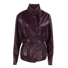Load image into Gallery viewer, Retro Wine Red Autumn Winter Leather Coat Women Long Sleeve Stand Collar Belt Waist Tight Figure Flattering Leather Jacket