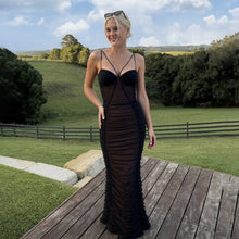 Load image into Gallery viewer, Autumn Winter Women Slim Fit Pleated V neck Sexy Backless Mesh Strap Elegant Dress
