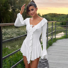 Load image into Gallery viewer, Women Clothing Ruffled Pointed Collar Rope Bell Sleeve Dress