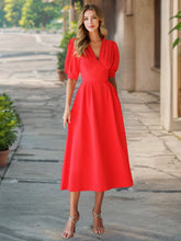 Load image into Gallery viewer, Summer Retro Solid Color V neck Lantern Sleeve Slim Fit Dress
