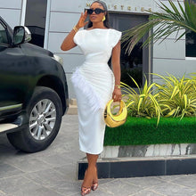 Load image into Gallery viewer, Women Clothing Summer Short Sleeve Solid Color Pleating Frayed Hem Slim Fit Mid Length Dress
