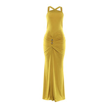 Load image into Gallery viewer, Autumn Winter Women Clothing Cross Halter Solid Color Pleated Waist Tight Slimming Fishtail Dress