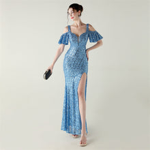 Load image into Gallery viewer, Bead Tube Sequin Heavy Industry Evening Dress Short Sleeve off the Shoulder Deep V Plunge High Slit Fishtail Dress Cocktail Socialite