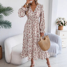 Load image into Gallery viewer, Autumn Winter Elegant Floral Cross V neck Waist Trimming Ruffles Maxi Dress Women Clothing
