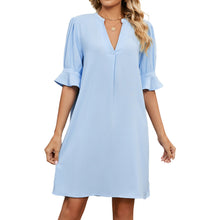 Load image into Gallery viewer, Summer Solid Color V neck Loose Pleated Half Length Sleeve Dress Women