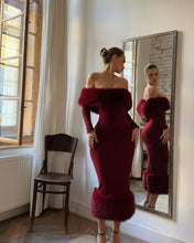 Load image into Gallery viewer, Women Clothing Autumn Winter Fur Collar off Neck Long Sleeve Slim Fit Evening Dress