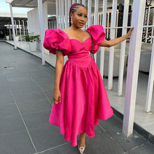 Load image into Gallery viewer, Women Clothing Spring Square Collar Puff Sleeve Solid Color Waist Tight Mid Length Dress