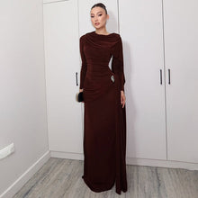 Load image into Gallery viewer, Autumn Winter Slim Fitted Waist Pleated Ribbon Solid Color Maxi Dress