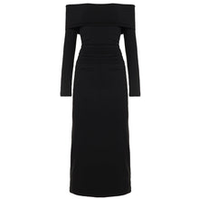 Load image into Gallery viewer, Elegant Graceful Women Dress Solid Color off Shoulder Pleated Slim Fit Figure Flattering Maxi Dress